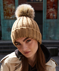 Beechfield Fur Pop Pom Chunky Beanie - Biscuit