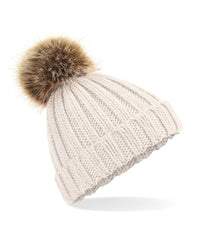 Beechfield Fur Pop Pom Chunky Beanie - Oatmeal