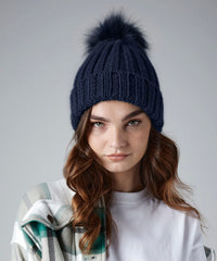 Beechfield Verbier Fur Pop Pom Chunky Beanie - Black