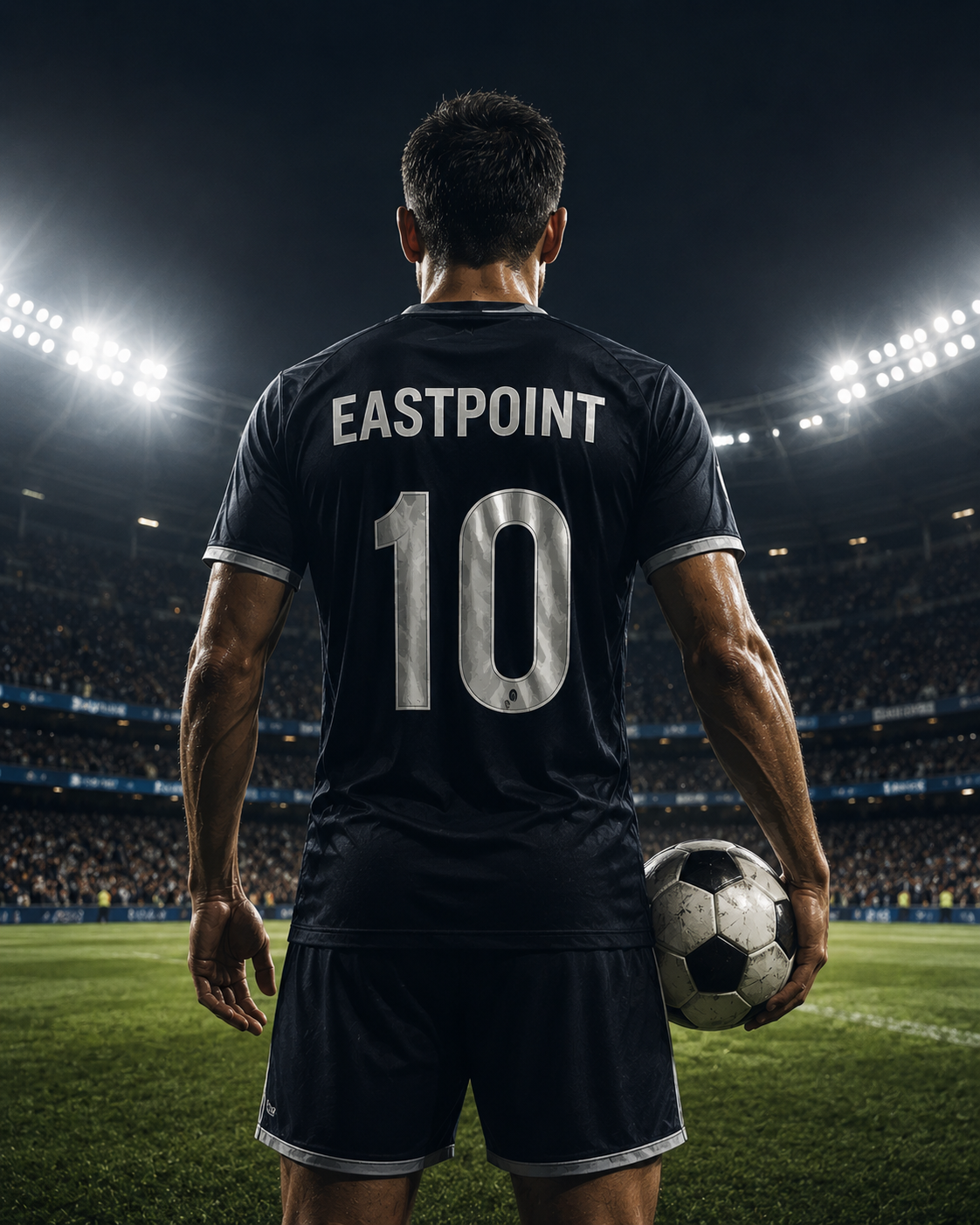 Footballer in an Eastpoint number 10 shirt holding a ball in a floodlit stadium