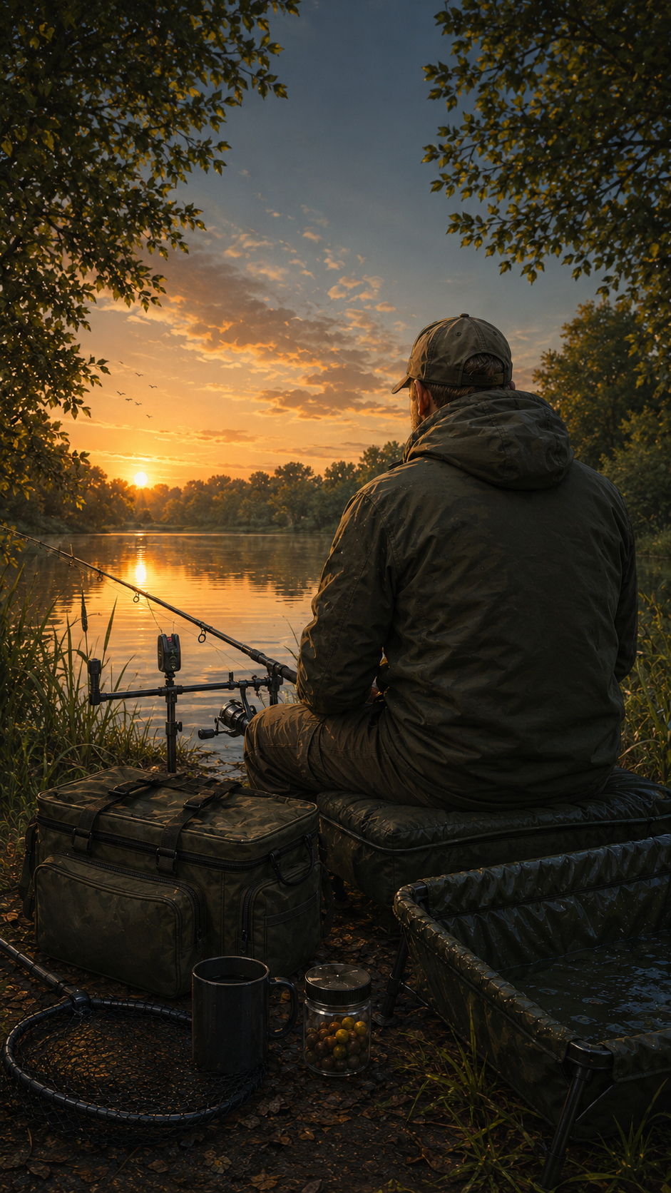 An angler at the water's edge at sunset, rod on the pod beside his tackle box and chair