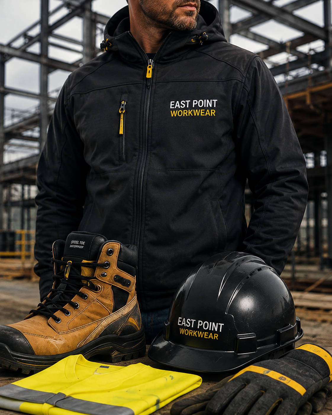 Worker in an East Point Workwear jacket holding a hard hat and safety boots on site
