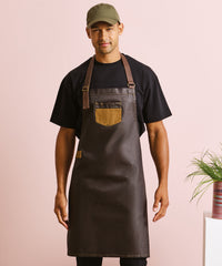 Premier Division Waxed-look Denim Bib Apron with Faux Leather - Black Denim