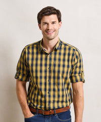 Premier Mulligan Check Cotton Long Sleeve Shirt - Camel/Navy