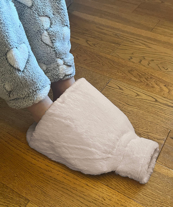 Ribbon Luxury Foot Hot Water Bottle and Cover in Plush Faux Fur - Natural