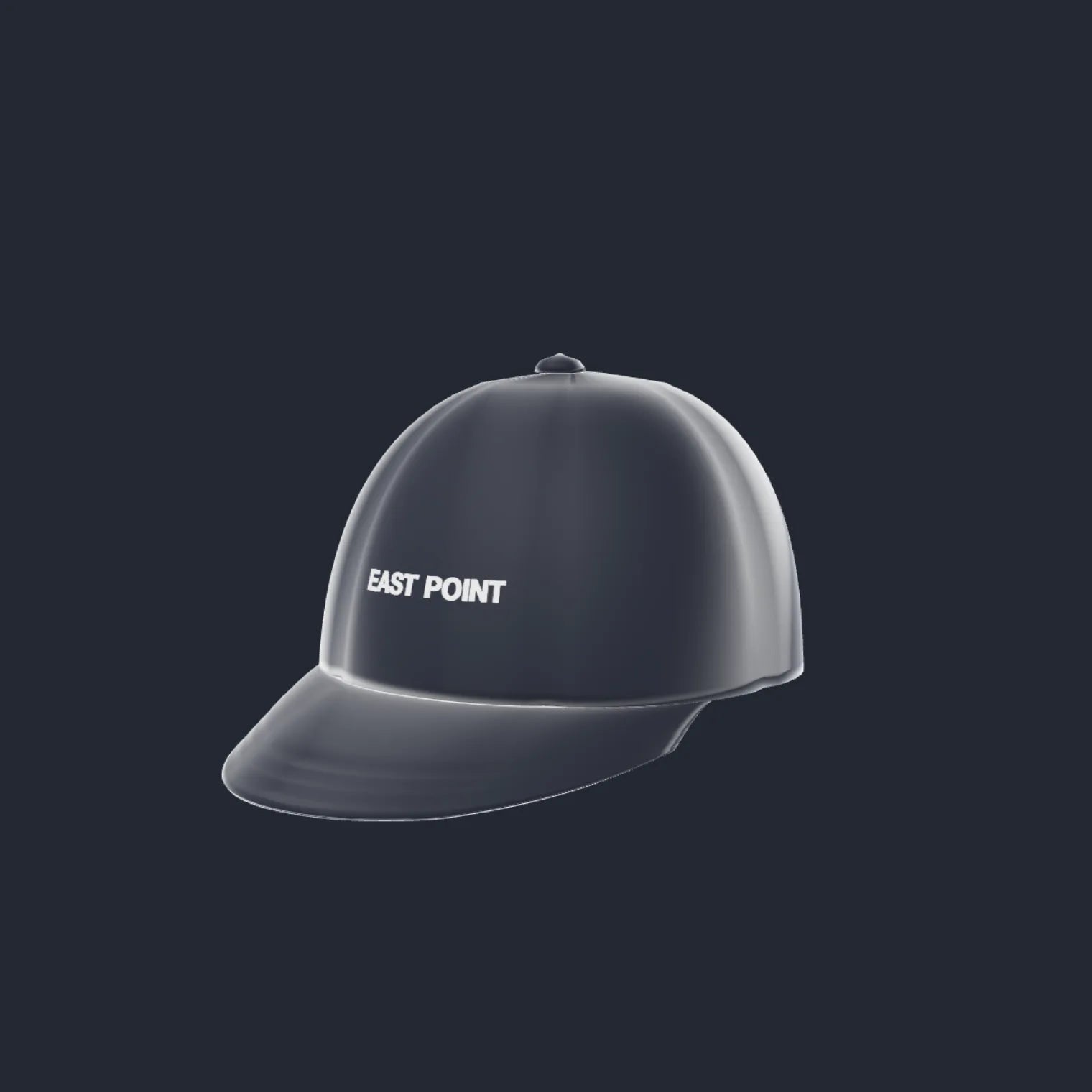 A navy cap turning on a stand, showing the peak, with EAST POINT on the front panel.