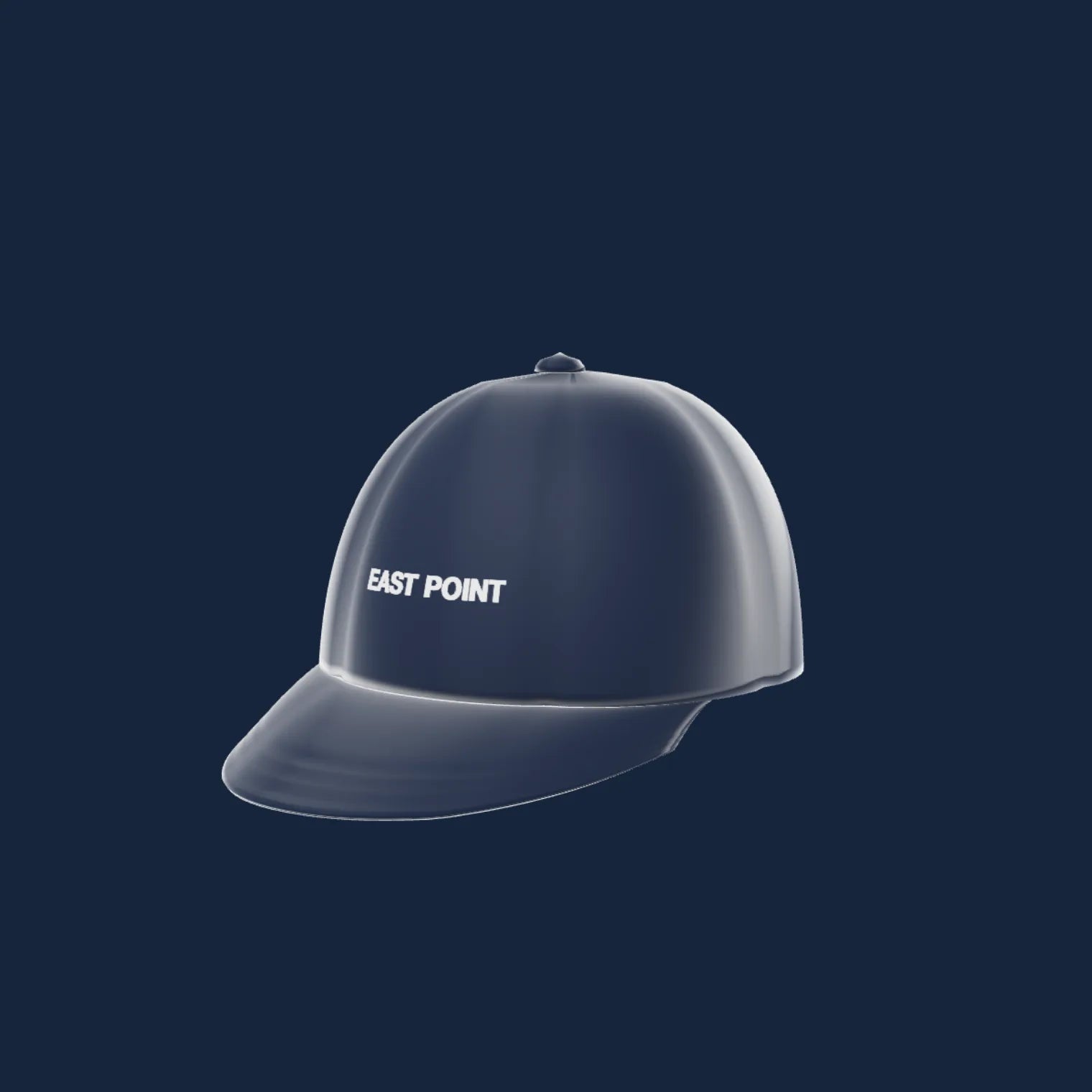 A navy cap turning on a stand, showing the peak, with EAST POINT embroidered on the front panel.